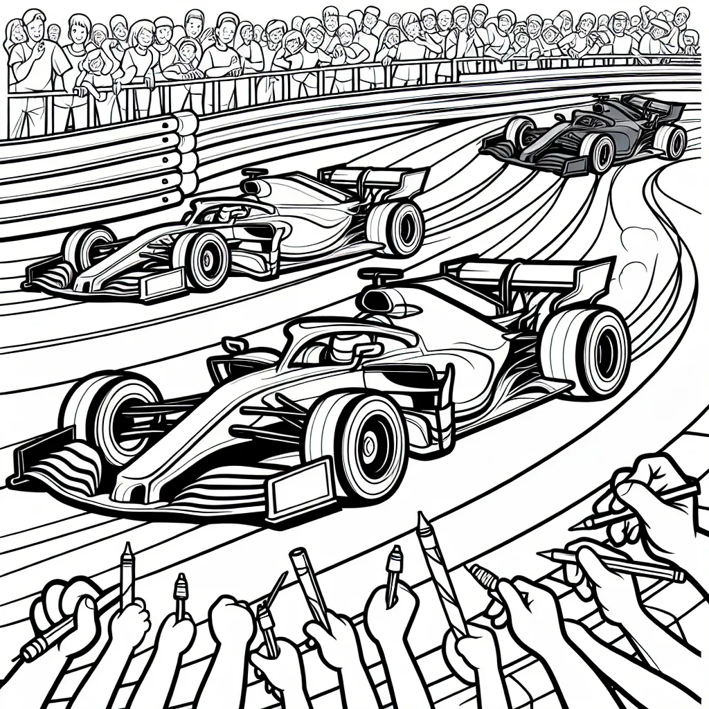 Dessine une course automobile avec de multiples voitures de courses colorées allant à grande vitesse sur un circuit rempli de virages sinueux et de public excité.