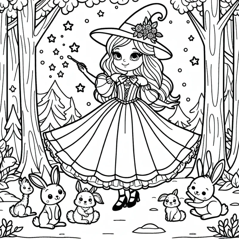 Magicienne en robe de fête à la forêt enchantée avec ses amis les animaux