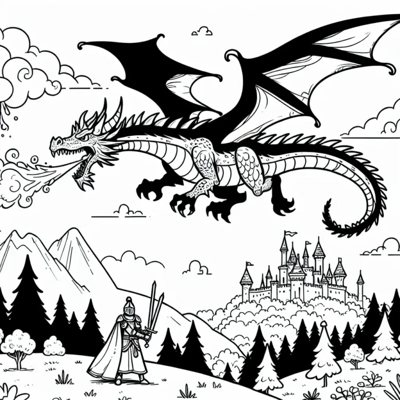 Imagine un monde fantastique avec des dragons et des chevaliers. Dessine un grand dragon cracheur de feu volant dans le ciel, avec un courageux chevalier qui se tient sur une colline, prêt à le défier. Laisse libre cours à ton imagination pour ajouter des châteaux, des forêts, et peut-être d'autres créatures magiques !