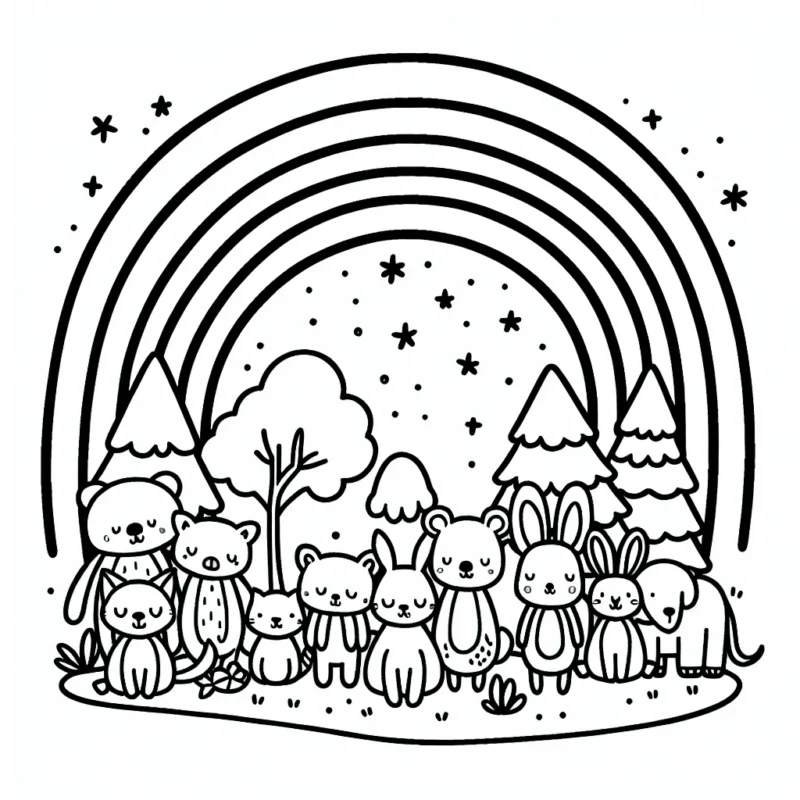 Une réunion des animaux de la forêt sous un arc-en-ciel