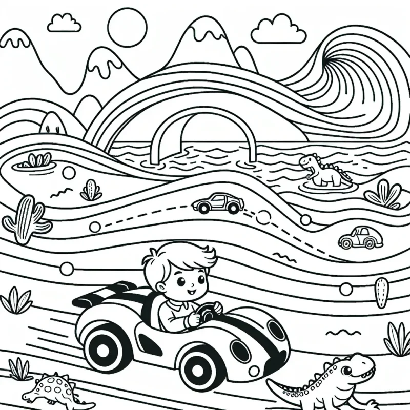 Un petit garçon courageux au volant de sa voiture de sport miniature parcourant une piste déformée remplie de dangers et de surprises. Il se dirige rapidement parmi des tunnels, des montagnes, des lacs et même parmi les dinosaures.
