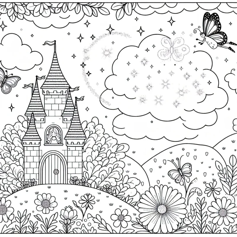 Un joli petit château enchanté niché au creux d’une montagne, entouré de papillons étincelants et de fleurs aux couleurs vives. Une petite fée vole au-dessus, répandant de la poussière magique. À l'intérieur du château, une princesse apparait à la fenêtre, regardant les nuages doux et moelleux dans le ciel