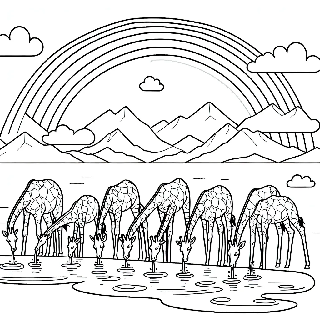 Un troupeau de girafes s'abreuve à une oasis tandis qu'un arc-en-cielserpenté s'élève derrière les montagnes au loin.