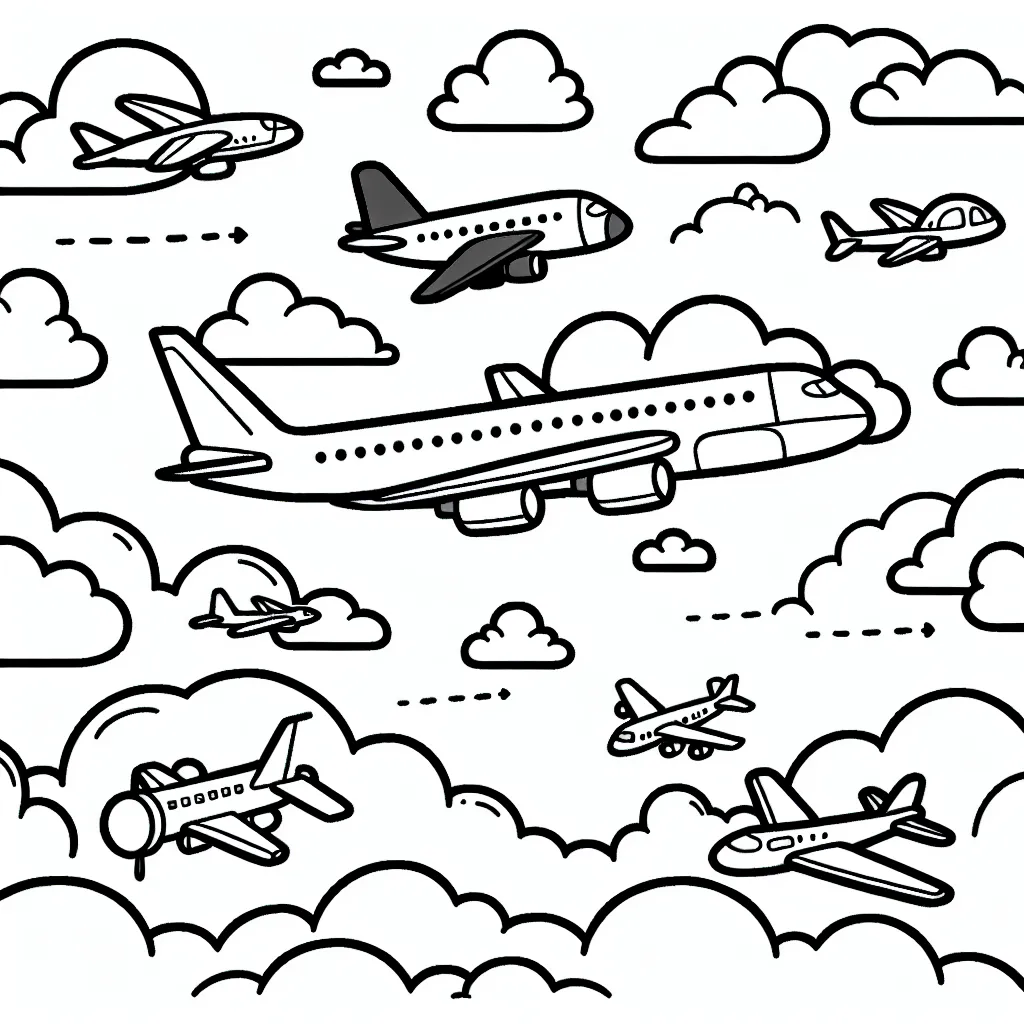 Imagine une scène vivante et passionnante mettant en vedette différents types d'avions dans le ciel. Il y a des avions de ligne, des avions de chasse et même de petits avions à hélices. Ils volent harmonieusement entre les nuages, ajoutant de la beauté au ciel bleu.