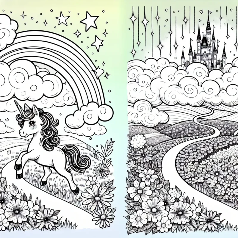 Dans ce dessin, une petite licorne se promène dans un paysage imaginaire. La licorne court sur une route arc-en-ciel qui traverse un champ de fleurs de toutes les couleurs. Dans les nuages, vous pouvez dessiner un grand château au loin. Des étoiles scintillantes tombent du ciel créant un décor magique.