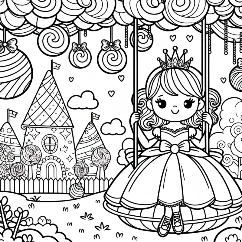Imaginer une jolie princesse assise sur une balançoire enchantée accrochée à un arbre de bonbons dans un royaume féerique.