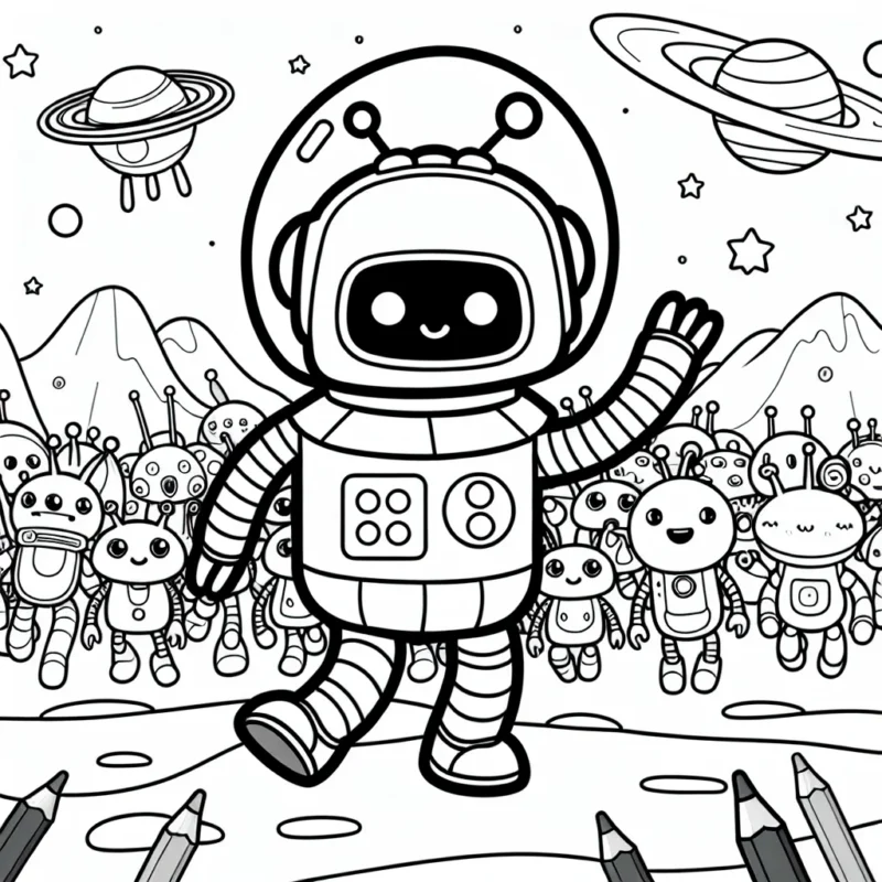 Un robot amical avec des bras articulés mène une joyeuse parade de créatures spatiales à travers un paysage extraterrestre