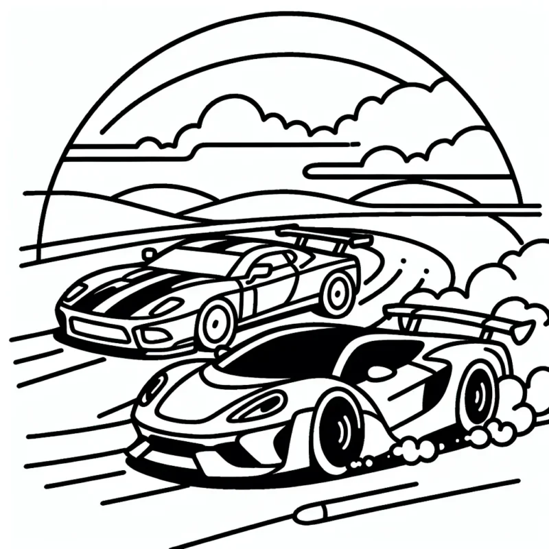 dessine une course animée entre des voitures de sport