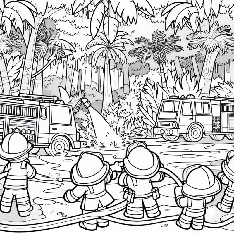 Dessinez une brigade de petits pompiers courageux éteignant un grand feu dans la jungle avec leurs camions de pompier et leurs équipements.
