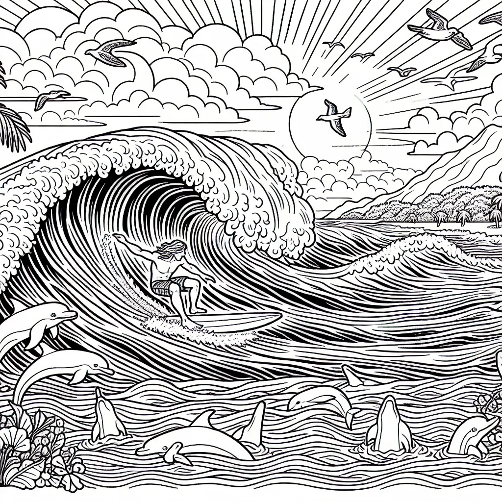 Imagine un dessin détaillé d'une scène dans laquelle un surfeur audacieux chevauche une vague géante, alors que ses amis l'encouragent depuis la plage. Il y a également quelques oiseaux et dauphins dans le paysage. Les vagues de l'océan semblent gigantesques et on peut voir le ciel magnifiquement orné de nuages ​​et de soleil. Le dessin contient beaucoup de petits détails qui nécessitent de la concentration et de la patience pour être colorés.