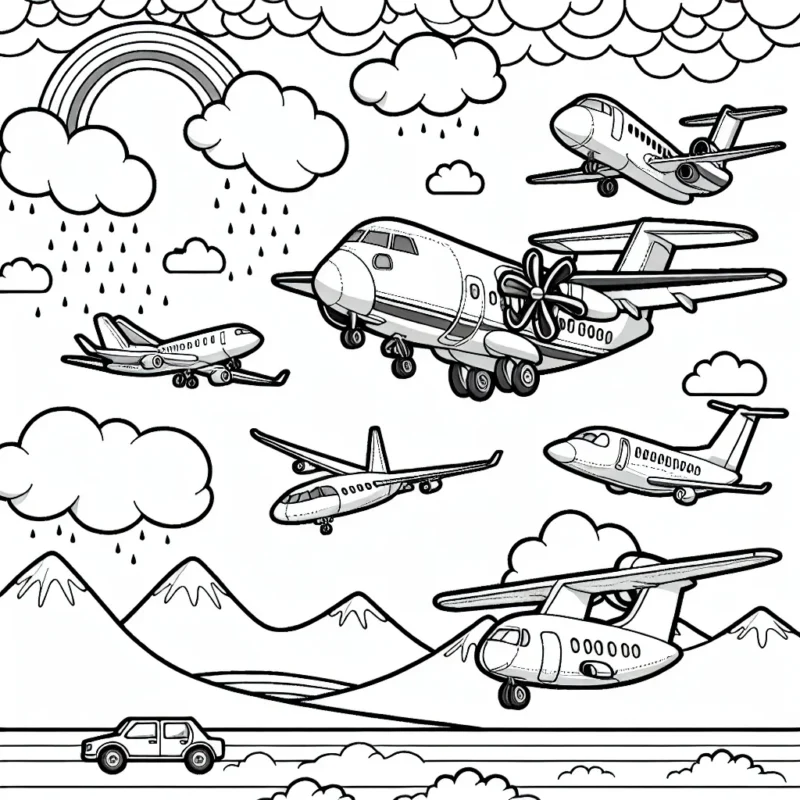 Dans cette scène, on voit plusieurs types d'avions volant dans le ciel pendant la journée. C'est une image animée avec des montagnes et des nuages en arrière-plan. Il y a des avions à hélices, des jets et même un avion de transport. Chaque avion a des détails uniques qui nécessitent une attention particulière lors de la coloration. Il y a aussi un arc-en-ciel sur le ciel qui ajoute un effet attrayant à l'image.