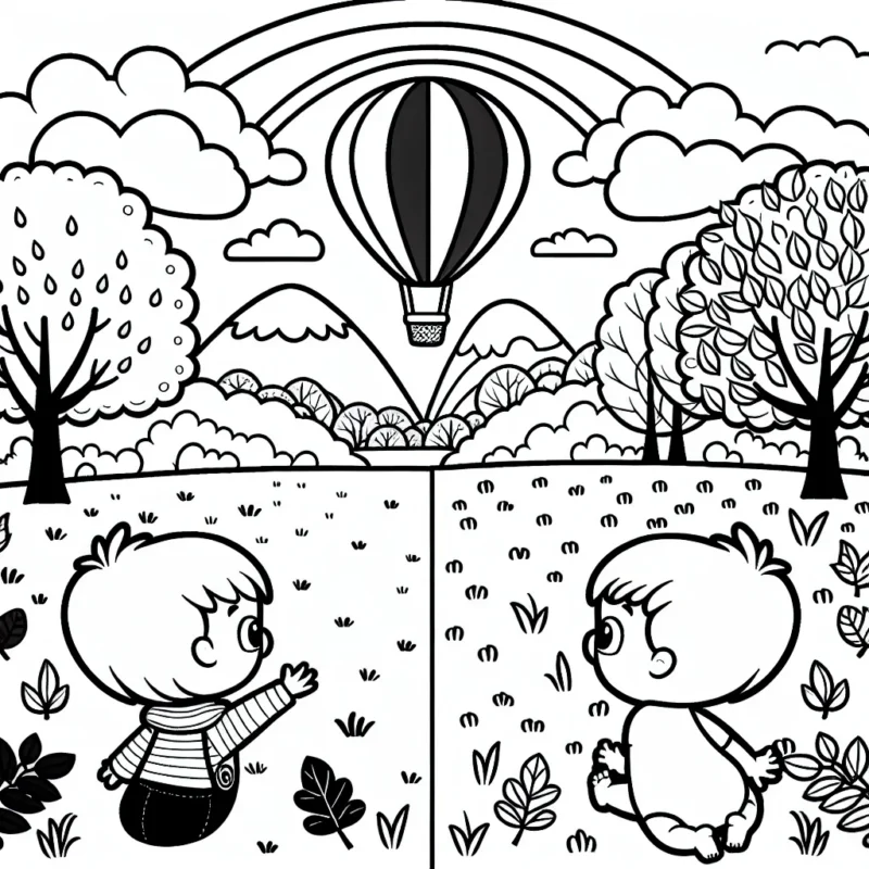 Un petit garçon émerveillé devant un paysage d’automne avec des arbres, une montgolfière et un arc-en-ciel dans le ciel