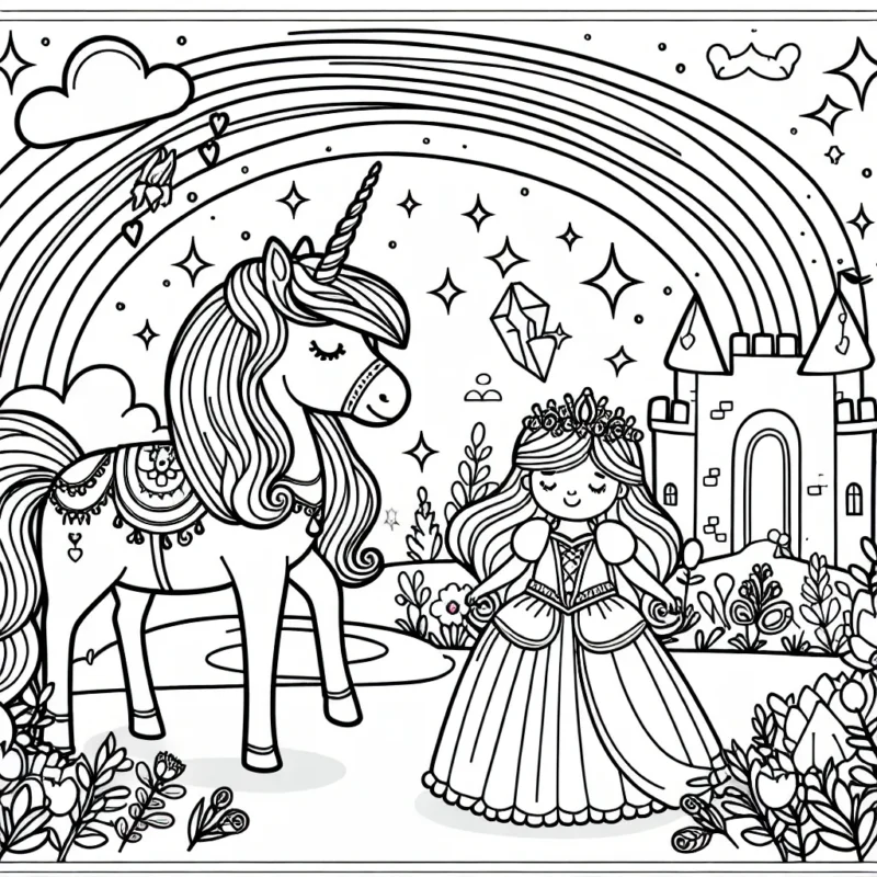 Un magnifique royaume féerique avec une princesse, son cheval licorne et un arc-en-ciel magique