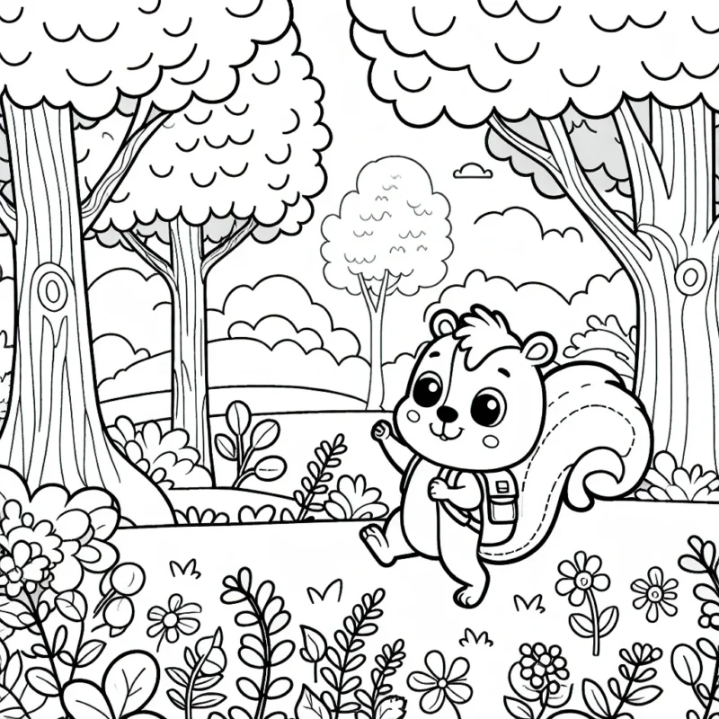 Un petit écureuil aventureux voyageant à travers une forêt enchantée, avec des arbres qui semblent danser et des fleurs qui sourient