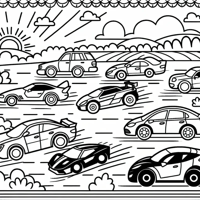 Dessine une course dynamique entre différentes voitures sur une autoroute ensoleillée.