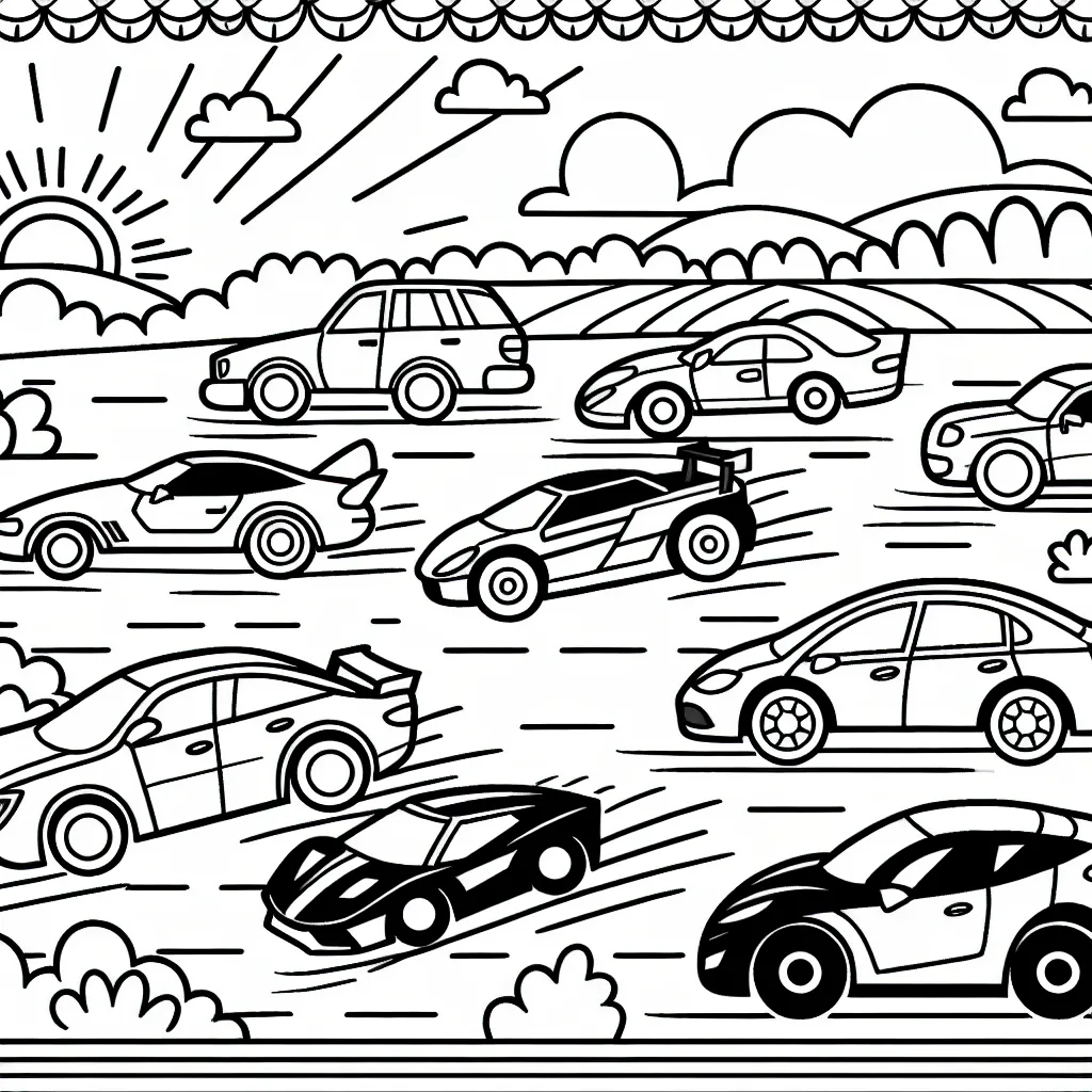 Dessine une course dynamique entre différentes voitures sur une autoroute ensoleillée.