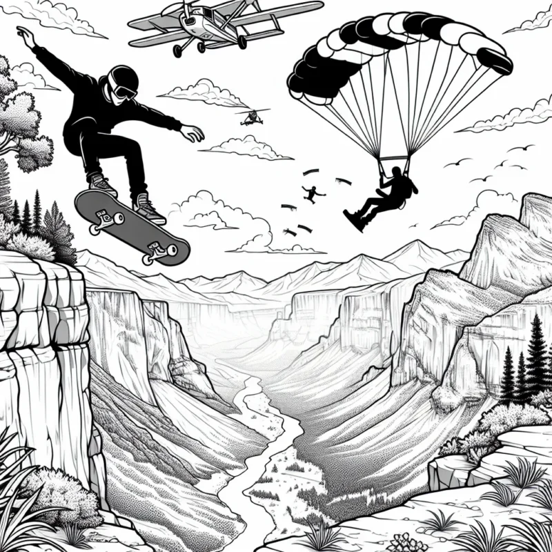 Imagine une scène de sports extrêmes mettant en scène un skateur faisant un saut audacieux par-dessus un canyon, un snowboardeur dévalant une montagne escarpée et un parachutiste en plein vol au-dessus d'un paysage époustouflant. Ajoute également des éléments de nature autour pour embellir la scène.