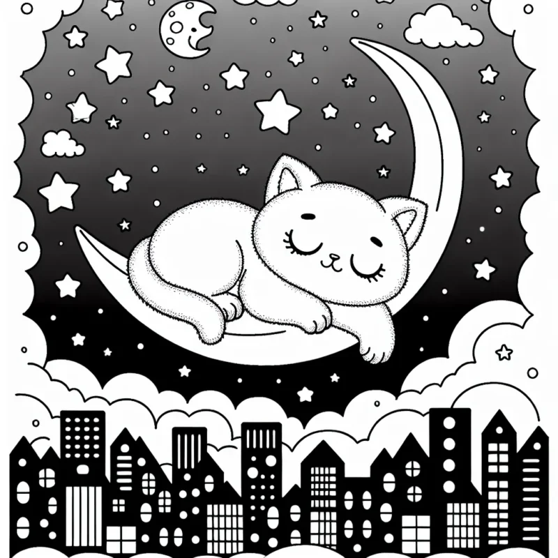 Dessine un adorable chaton endormi sur une lune flottante au-dessus d'une ville nocturne