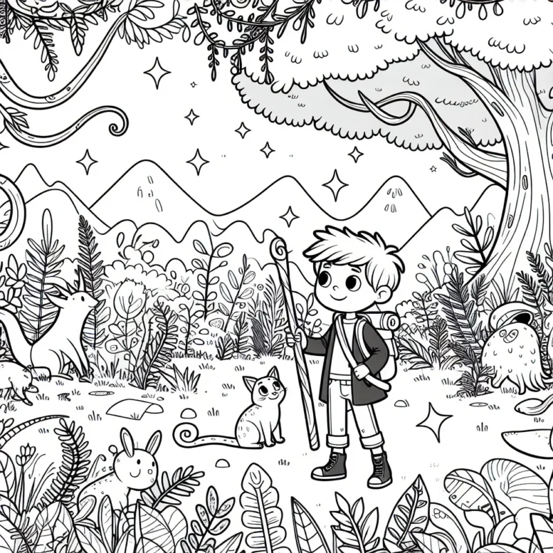 Un petit garçon aventurier fait une expédition dans une forêt mystique abondante de créatures magiques.