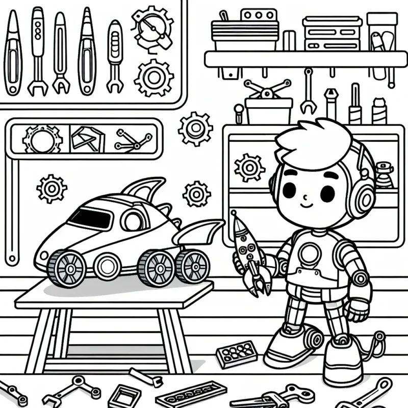 Un jeune robot apprenti constructeur, travaillant sur sa première invention, une voiture volante, à l'intérieur de son atelier rempli de pièces et d'outils!