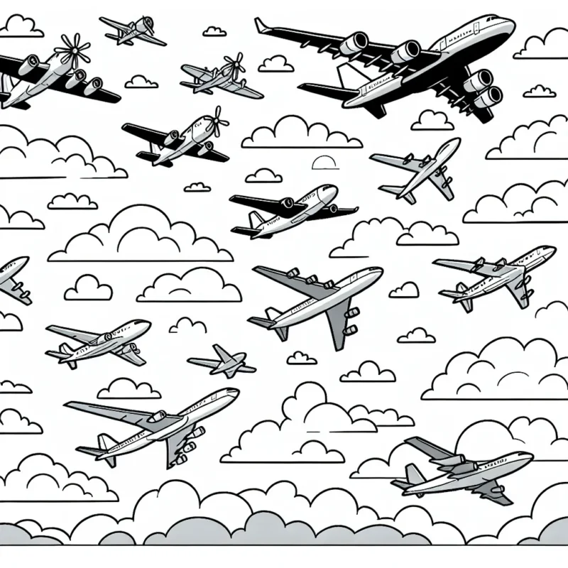 Dans ce dessin à colorier, nous trouvons un ciel plein d'avions qui volent. Il y a toutes sortes d'avions - des avions de passagers, des avions de chasse, des avions à hélices et des jets privés.