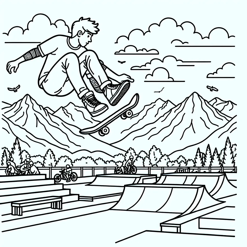 Imaginez un coloriage représentant une scène d'un skateur effectuant un trick impressionnant en plein air dans un skate park, avec des montagnes en arrière-plan et un ciel rempli de nuages.