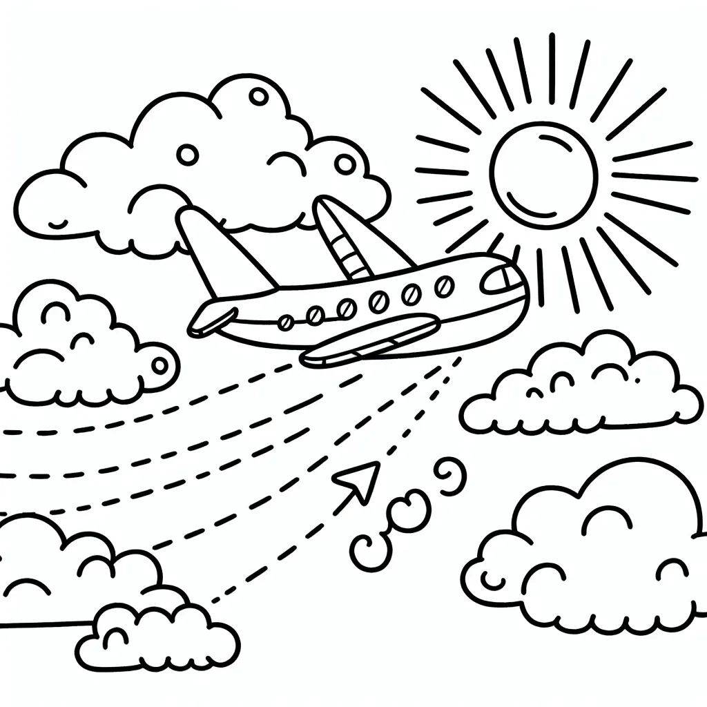 Dessinez un avion à réaction voyageant au dessus des nuages au cours de la journée, avec le soleil en arrière-plan. N'oubliez pas d'ajouter des détails tels que les fenêtres de l'avion, les traînées de condensation et les formes variées des nuages.