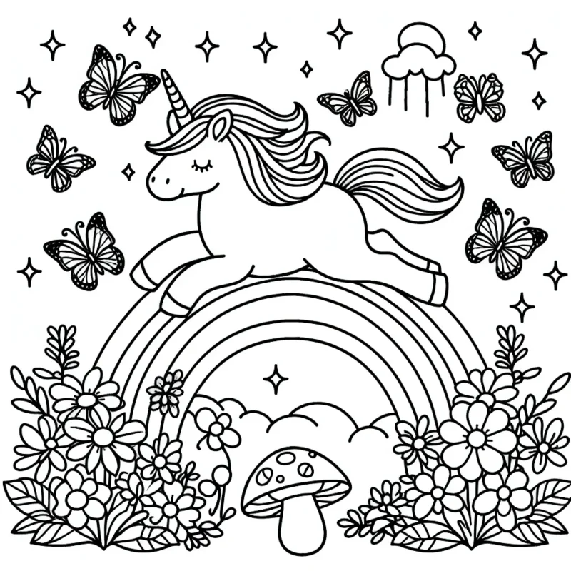 Dans ce dessin, une adorable licorne saute par-dessus un arc-en-ciel. Autour d'elle se trouvent d'étonnants papillons magiques. Par terre, il y a plein de fleurs de différentes formes et des champignons colorés.