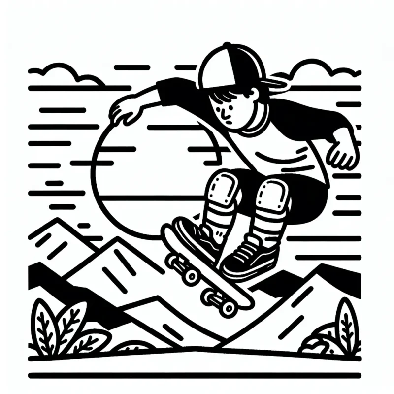 Dessinez un skateboarder professionnel en plein saut par-dessus une rampe, avec les montagnes au loin et un soleil couchant à l'arrière-plan. N'oubliez pas d'ajouter un casque et des genouillères pour promouvoir la sécurité pendant le sport.