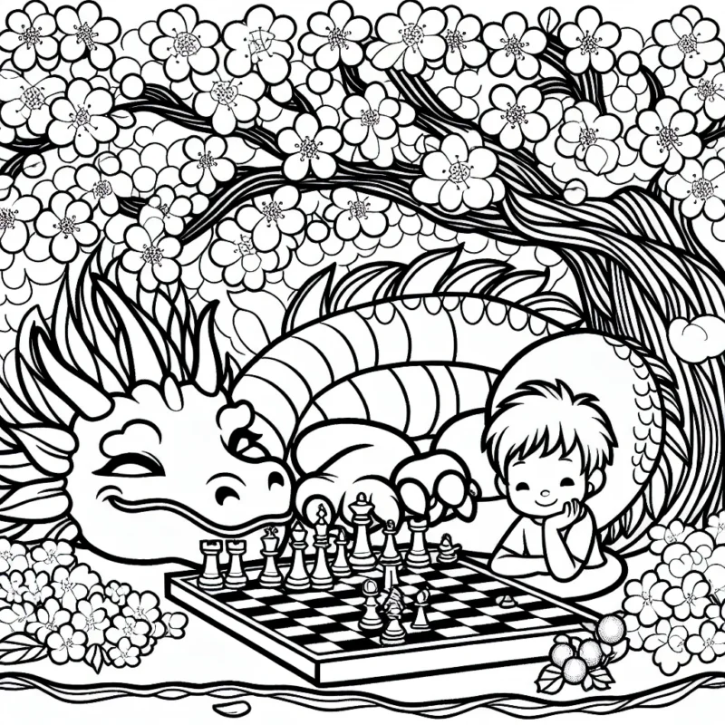 Un dragon endormi sous un cerisier en fleurs, avec deux enfants jouant aux échecs sur sa queue enroulée