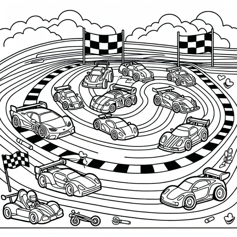 Un circuit automobile rempli de voitures de différentes formes et tailles, toutes en attente d'être colorées.