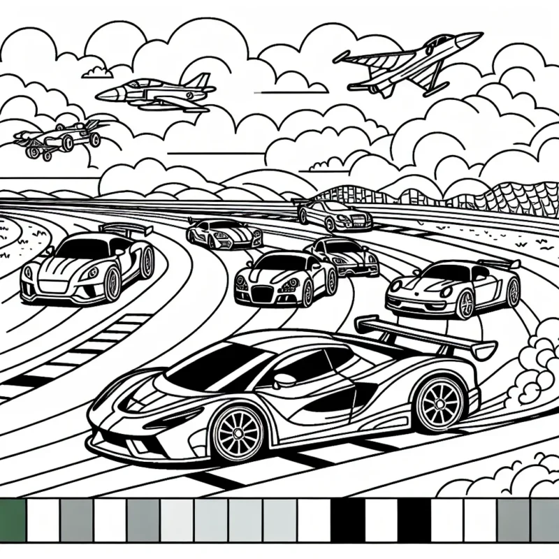 Dessine une scène d'une course de voitures sportives sur une piste animée, avec des voitures de différentes formes et tailles.