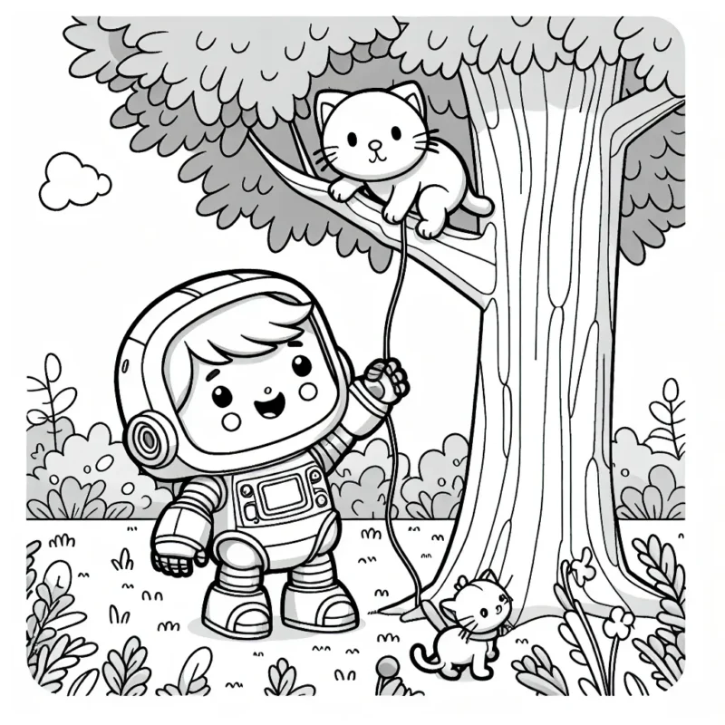 Petit garçon avec une armure de robot en train de sauver un chaton coincé dans un arbre dans un parc.