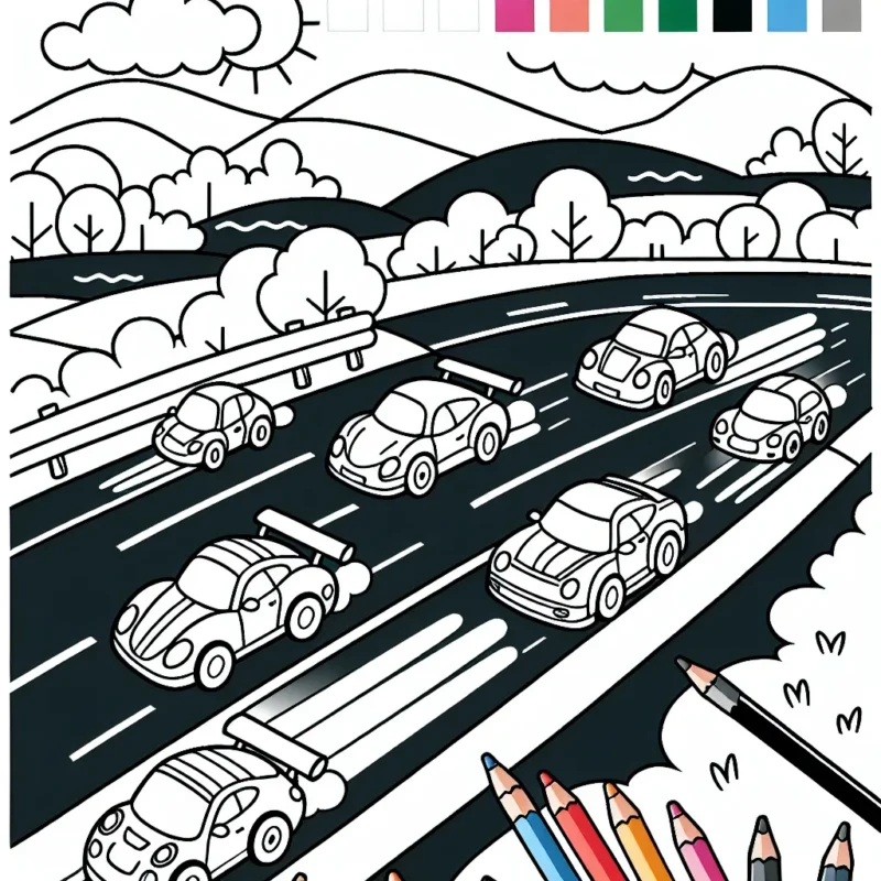 Une course passionnante de voitures multicolores sur une route pittoresque.
