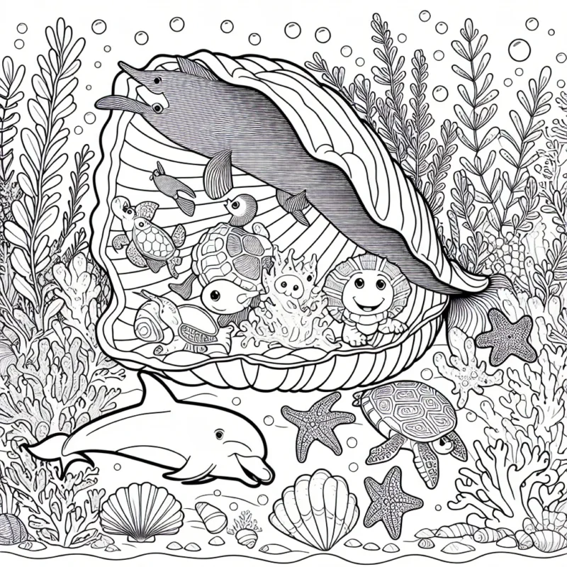 Un coquillage géant abrite une série d'animaux marins, y compris des poissons tropicaux colorés, des dauphins souriants, une tortue paresseuse, une étoile de mer scintillante et un crabe dansant. Le tout sur un fond de mer bleue avec des algues et des coraux variés.