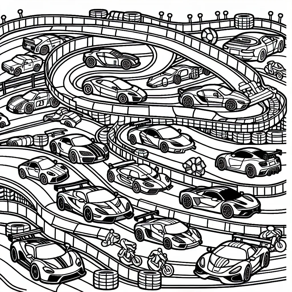 Un circuit de courses animé où se côtoient différentes voitures sportives, chacune avec des détails uniques, sur une piste sinueuse.