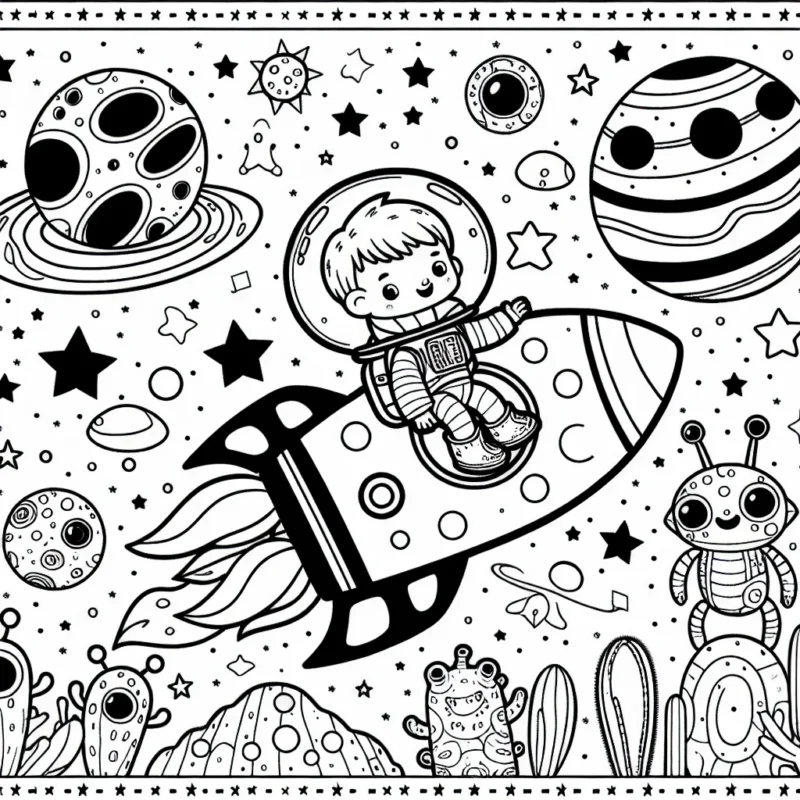 Un petit garçon brave explorateur navigue à travers les étoiles dans une fusée spatiale colorée. Des planètes étranges et diverses créatures intergalactiques l'attendent dans cet univers infini.