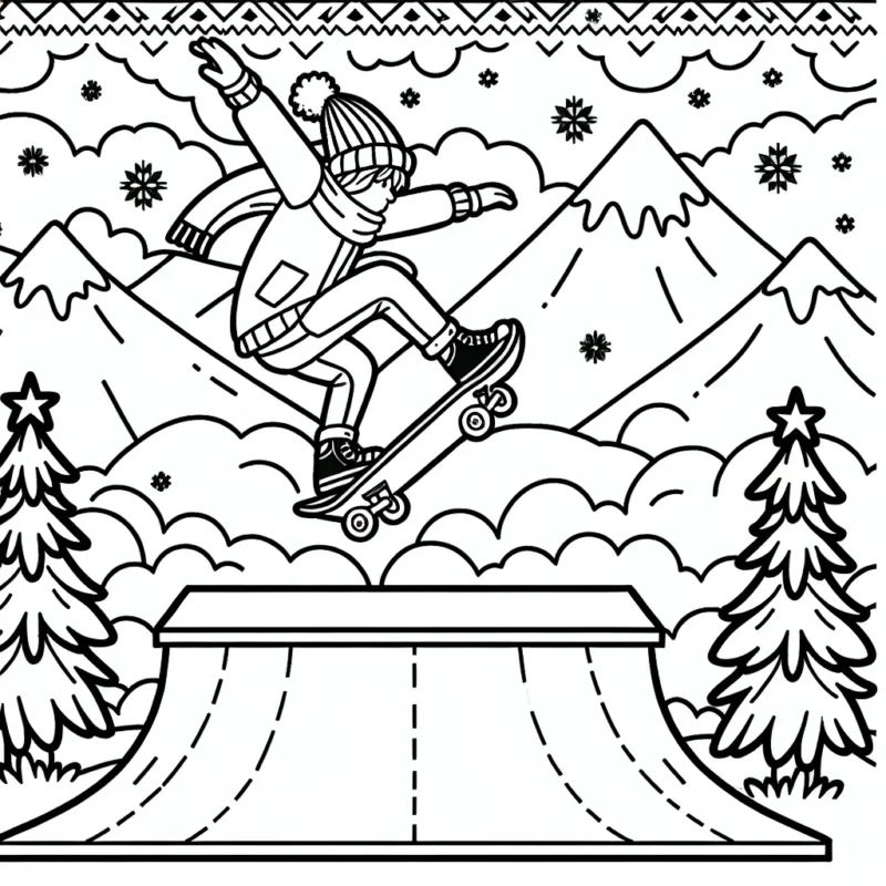 Dessine un skateur effectuant une figure fantastique sur une rampe, avec un paysage de montagnes en neige en arrière-plan.