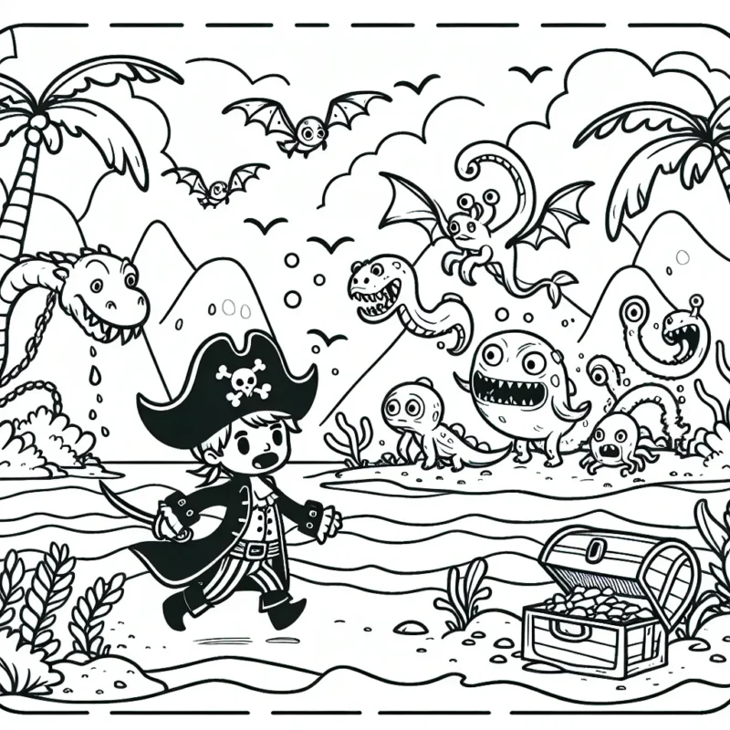 Un audacieux pirate explorant une île mystérieuse peuplée de créatures incroyables pour trouver un trésor perdu.