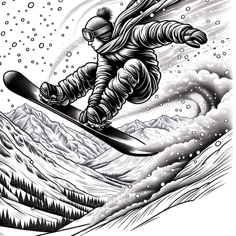 Imagine un snowboardeur audacieux en plein vol sur une montagne enneigée, se battant contre les éléments furieux pendant qu'il réalise une figure étonnante. Dans sa main, il tient fermement sa planche, tandis que l'autre maniège librement pour gérer son équilibre. Le vent et des flocons de neige entourent l'athlète, créant un paysage dramatique et impressionnant.