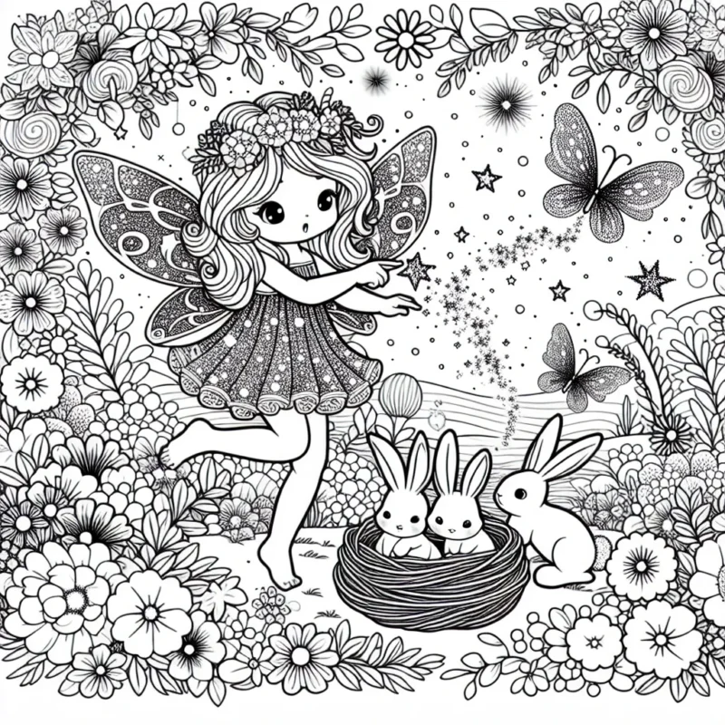 Dans un magnifique jardin fleuri, une petite fée aux ailes scintillantes distribue de la poussière d'étoiles. A ses pieds, un nid de petits lapins la regarde, émerveillés.