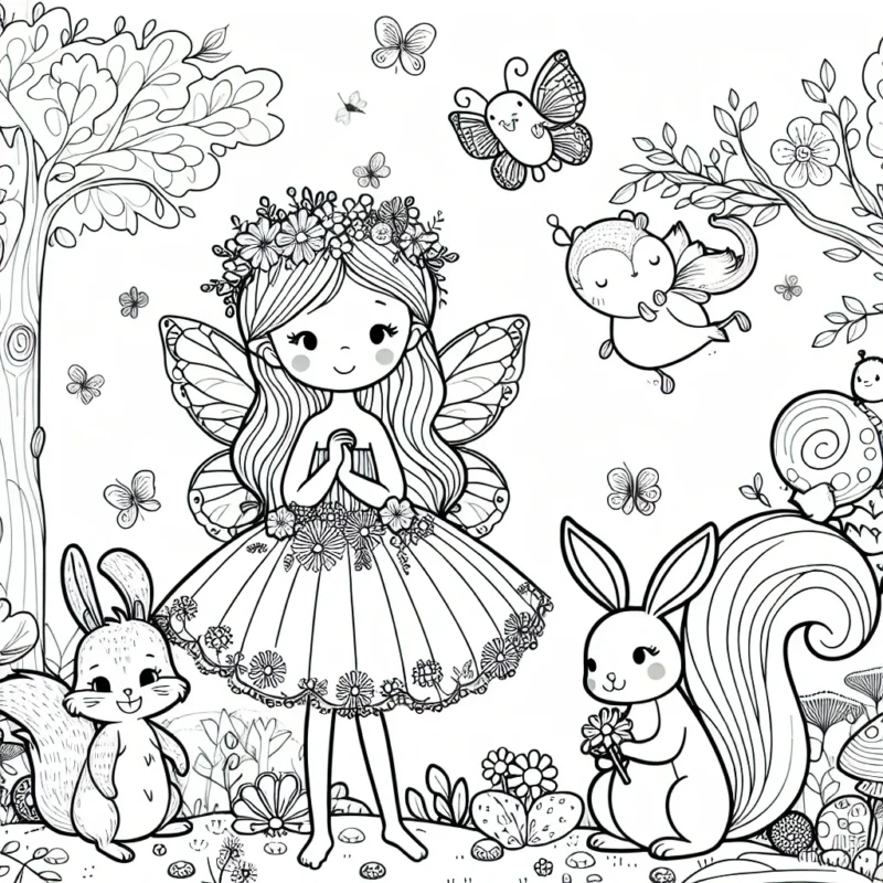 Une petite fée avec ses amis animaux dans une forêt enchantée.