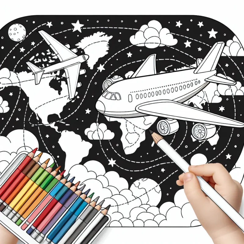 Un parcours passionnant dans les cieux où un avion survole différentes parties du monde. Les enfants peuvent utiliser leurs couleurs préférées pour donner vie à cet univers volant.