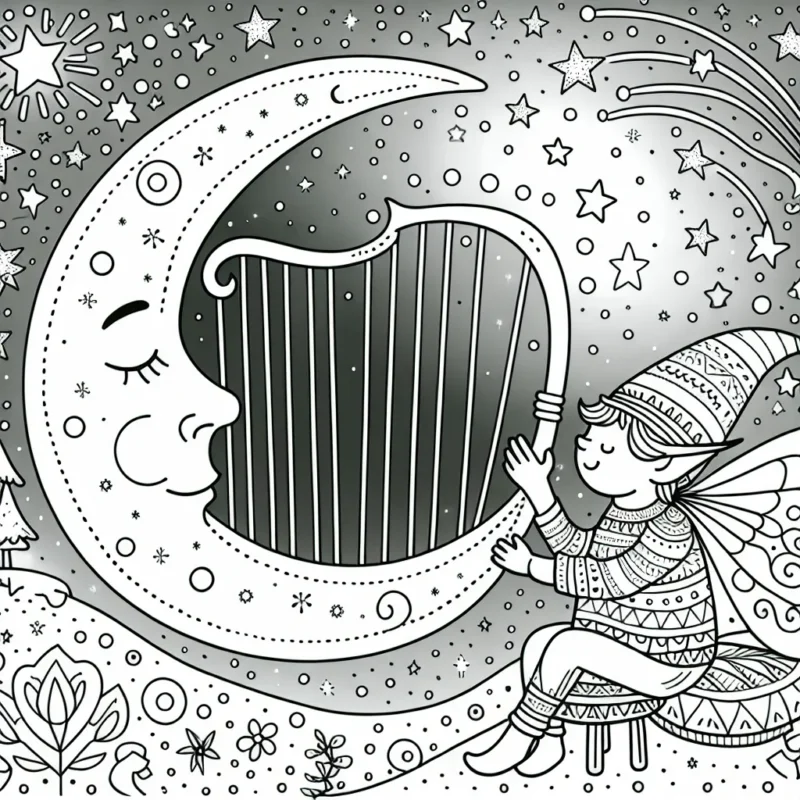Un elfe jouant de la harpe sur la lune entouré d'étoiles filantes