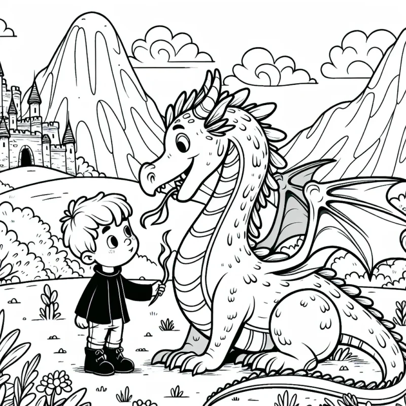 Un petit garçon joue avec un dragon amical dans un paysage de montagnes verdoyantes, avec un château en arrière-plan. Le dragon a des ailes grandes et puissantes, une longue queue touffue et respire le feu.