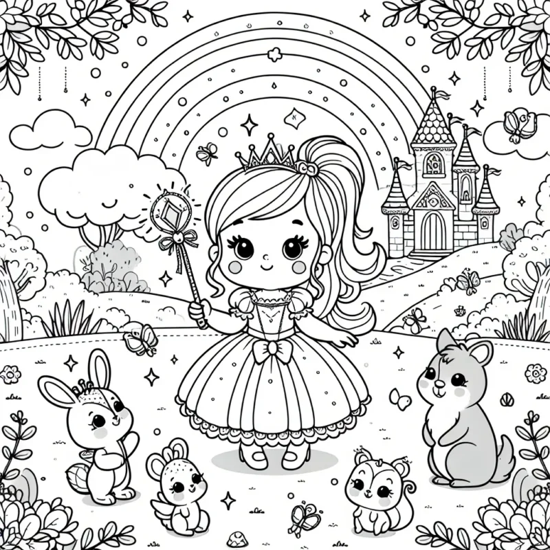 Une petite princesse à la cour des fées, tenant un sceptre scintillant, est entourée d'adorables petits animaux comme des lapins, des écureuils et des oiseaux. Dans le contexte, il y a un château féerique et un arc-en-ciel.