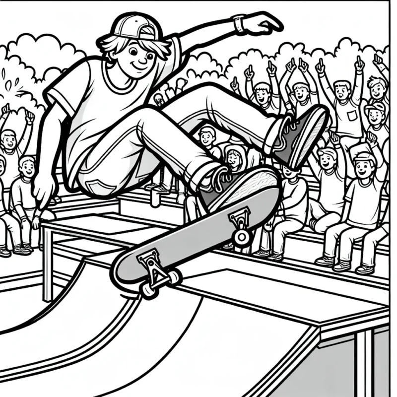 Dessine un skateur qui fait un saut impressionnant sur une rampe dans un parc de skate. Pour les plus audacieux, ajoute des spectateurs au fond qui l'encouragent.