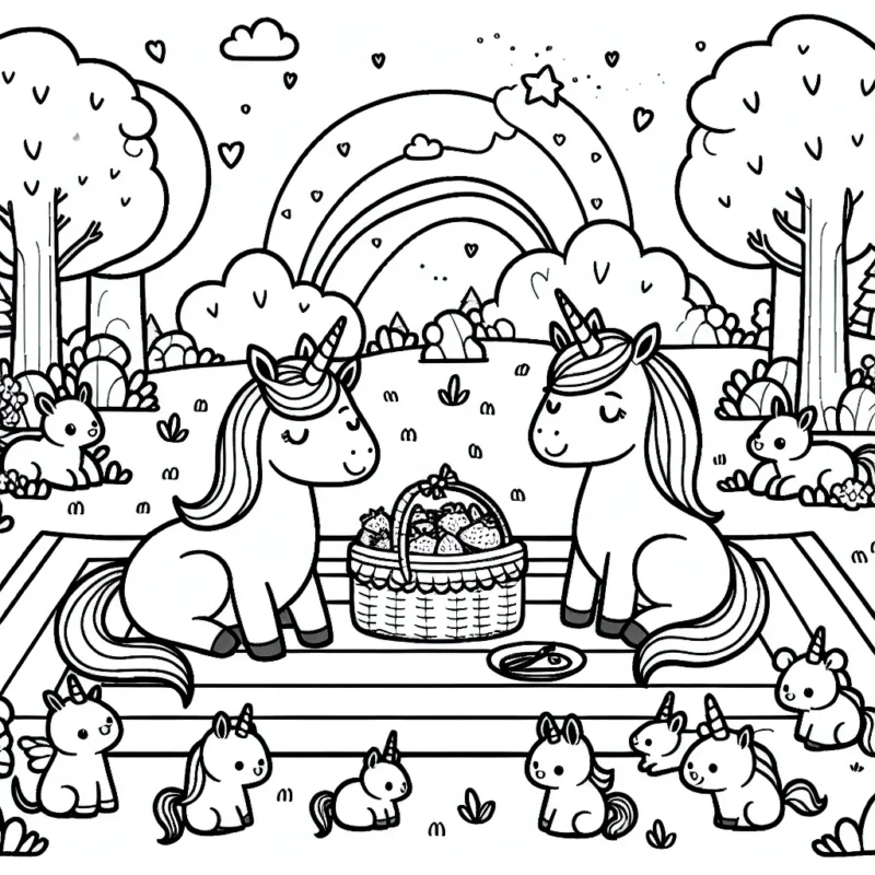 Une famille de licornes organise un pique-nique dans une clairière enchantée peuplée de petits animaux magiques.