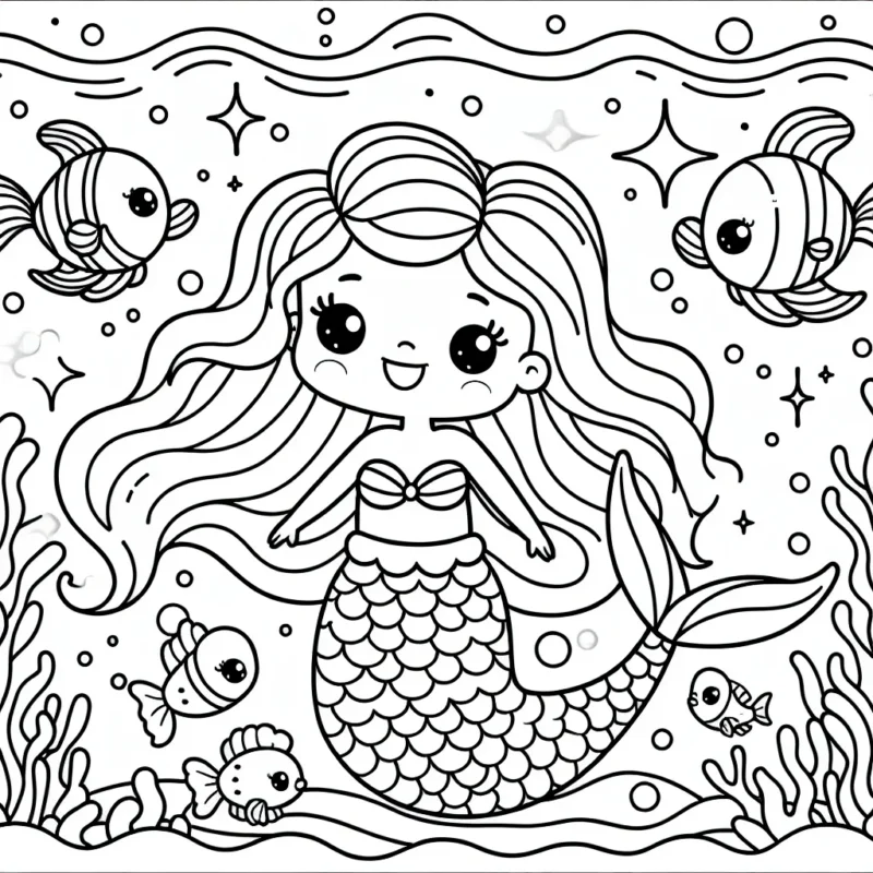 Une petite sirène amicale aux cheveux ondulés et à la queue chatoyante nageant aux côtés de ses amis poisson dans un océan étincelant.