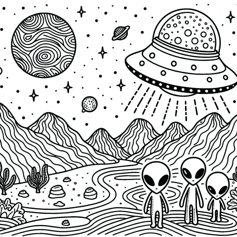 Une scène extraterrestre avec une soucoupe volante, trois petits extraterrestres sympathiques et un paysage de planète lointaine parsemé de cratères et d'étoiles scintillantes.